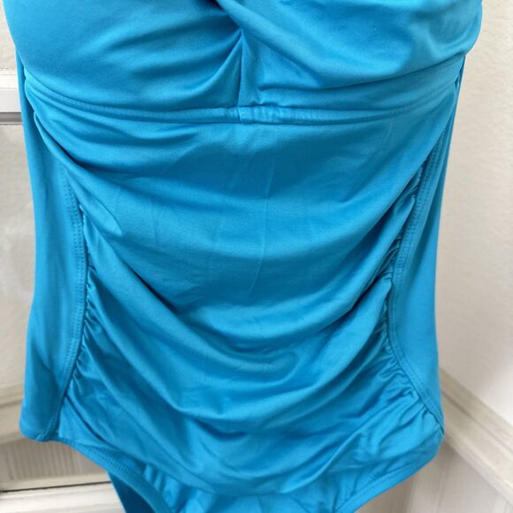 Liz Claiborne One Piece Swimsuit Womens Size 10 Aqua Blue Halter Strap Ruched - Picture 3 of 11